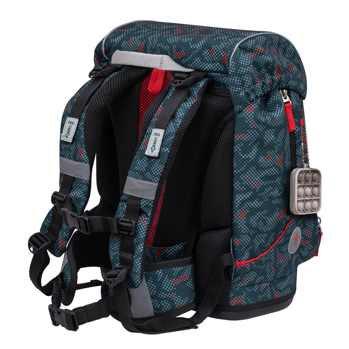 Side view of the Belmil Motion School Bag showcasing side pockets for a water bottle and umbrella.