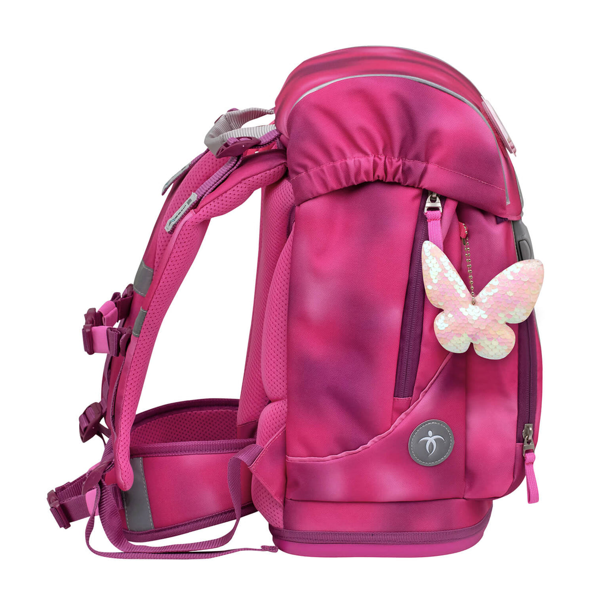 Belmil Motion Shiny Pink Ergonomic School Bag Set – Made from Recycled Materials, 5 pcs, with 9 Interchangeable Patches placed on a bench, showcasing its style and functionality.