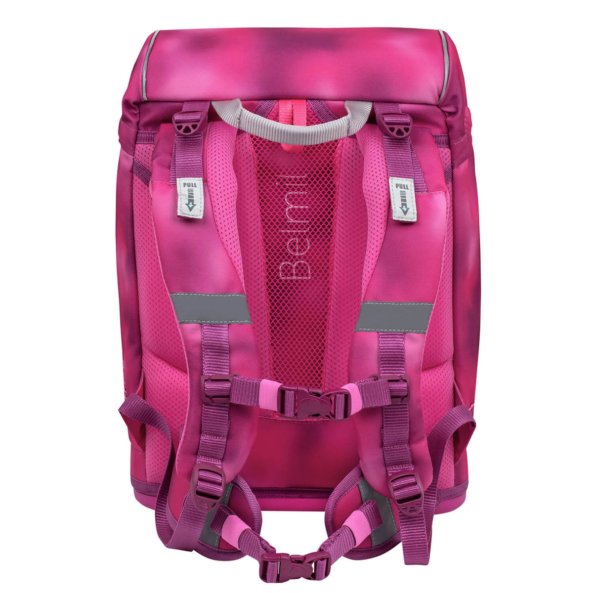 The Belmil Motion Shiny Pink Ergonomic School Bag Set – Made from Recycled Materials, 5 pcs, with 9 Interchangeable Patches, with interchangeable patches laid out for customization.