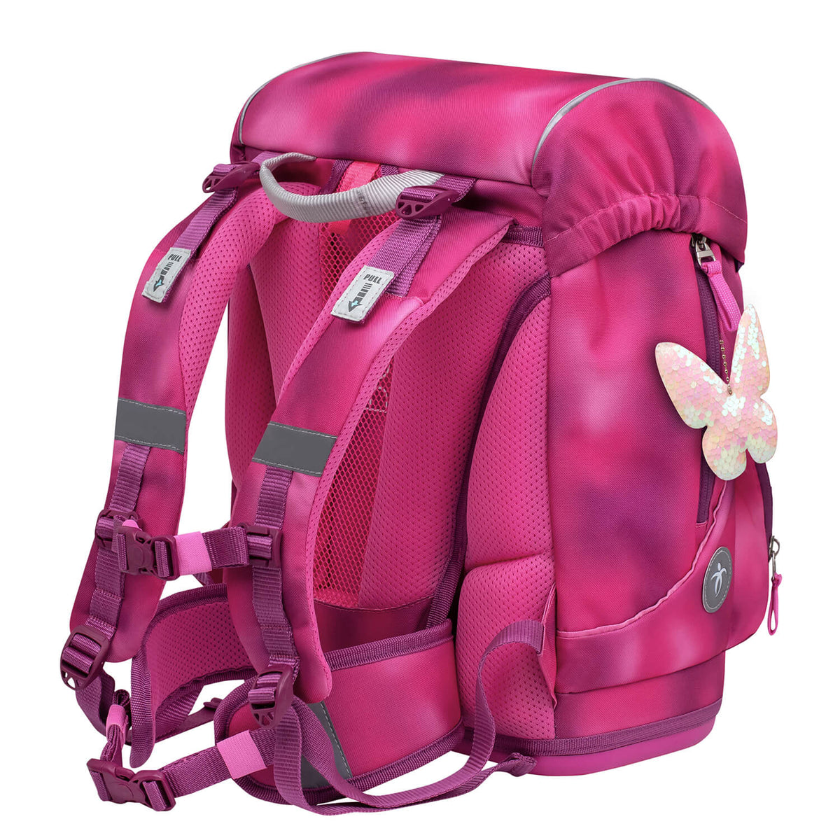Children happily using the Belmil Motion Shiny Pink Ergonomic School Bag Set – Made from Recycled Materials, 5 pcs, with 9 Interchangeable Patches at school.