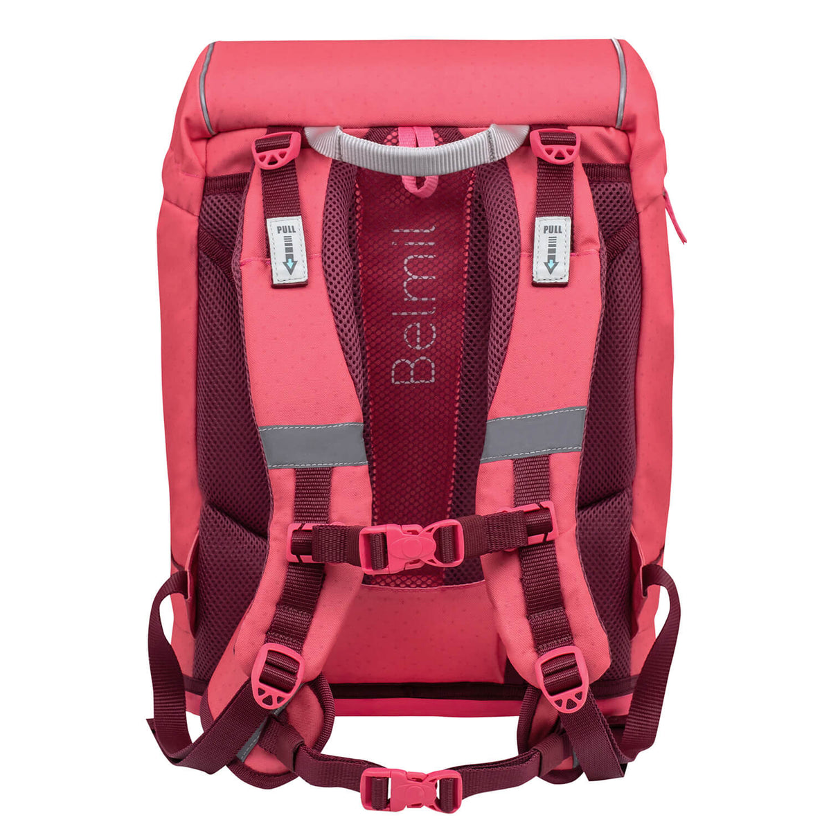 Side view of the Belmil Motion Sweet Candy Ergonomic School Bag Set – Made from Recycled Materials, 5 pcs, with 9 Interchangeable Patches, highlighting convenient side pockets for a water bottle.