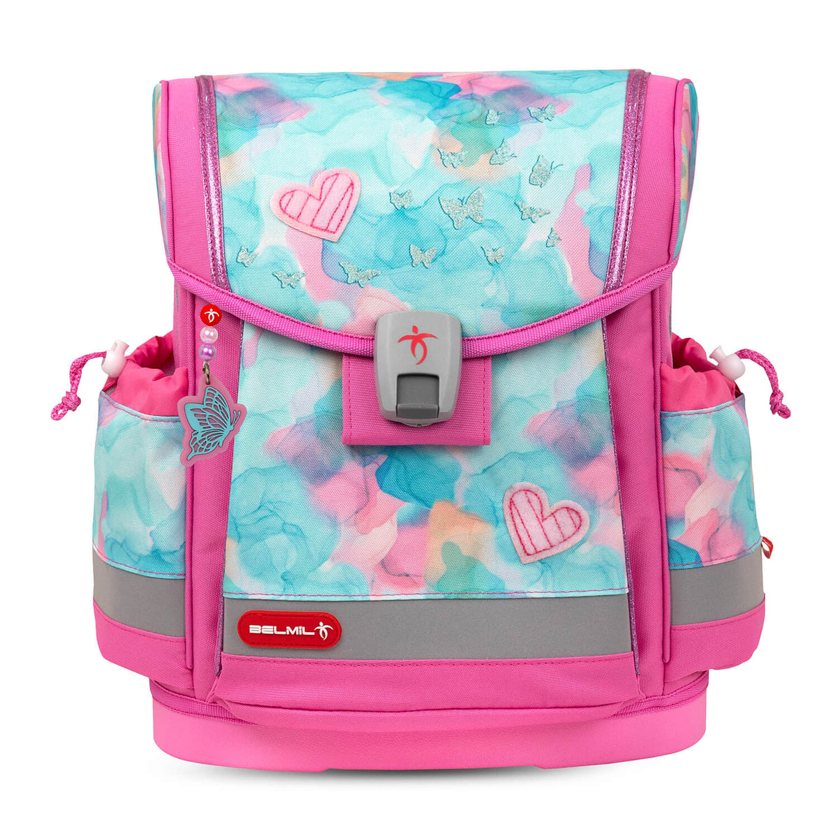 Close-up of the ergonomic back panel of the Belmil Classy Plus Ergonomic School Bag Set for Girls “Aqua Rose” Design + Unicorn Raincoat – 6-Piece Back-Friendly Starter Set highlighting breathable padding.