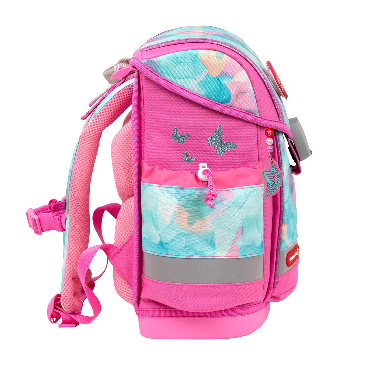 German-made Fidlock magnetic buckle on the Belmil Classy Plus Ergonomic School Bag Set for Girls “Aqua Rose” Design + Unicorn Raincoat – 6-Piece Back-Friendly Starter Set, ensuring secure closure.