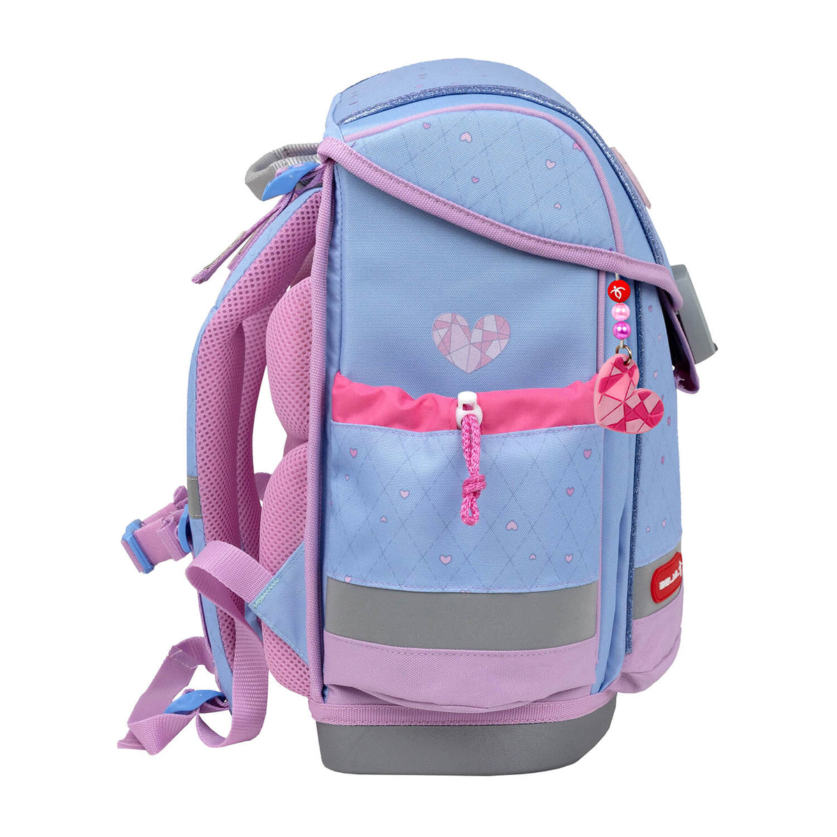 Reflective elements for safety on the Belmil Classy Plus Ergonomic School Bag Set for Girls “Lavander” Design + Unicorn Raincoat – 6-Piece Back-Friendly Starter Set.