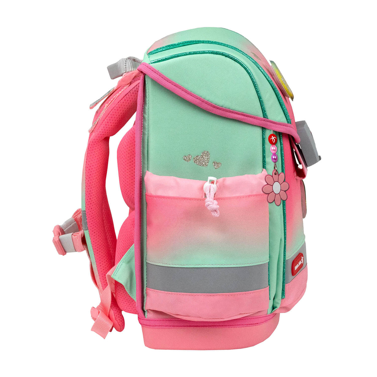 Interior compartments of the Belmil Classy Plus Ergonomic School Bag Set for Girls “Mint Rose Ombre” Design + Unicorn Raincoat – 6-Piece Back-Friendly Starter Set for easy organization.