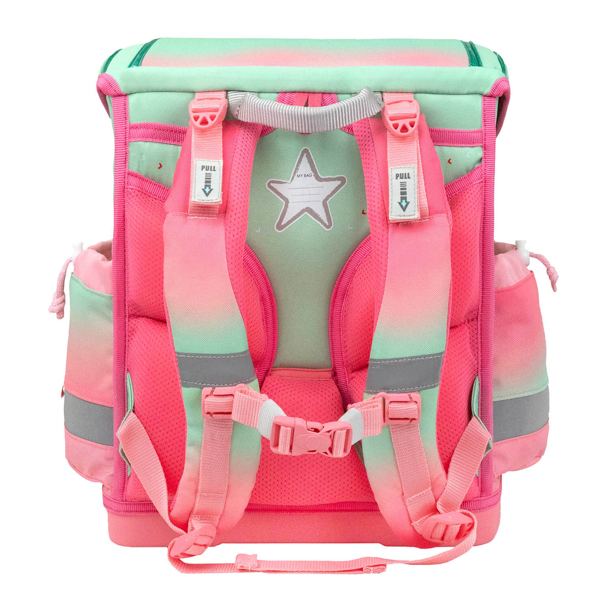 Back view of the Belmil Classy Plus Ergonomic School Bag Set for Girls “Mint Rose Ombre” Design + Unicorn Raincoat – 6-Piece Back-Friendly Starter Set showing ergonomic back panel.
