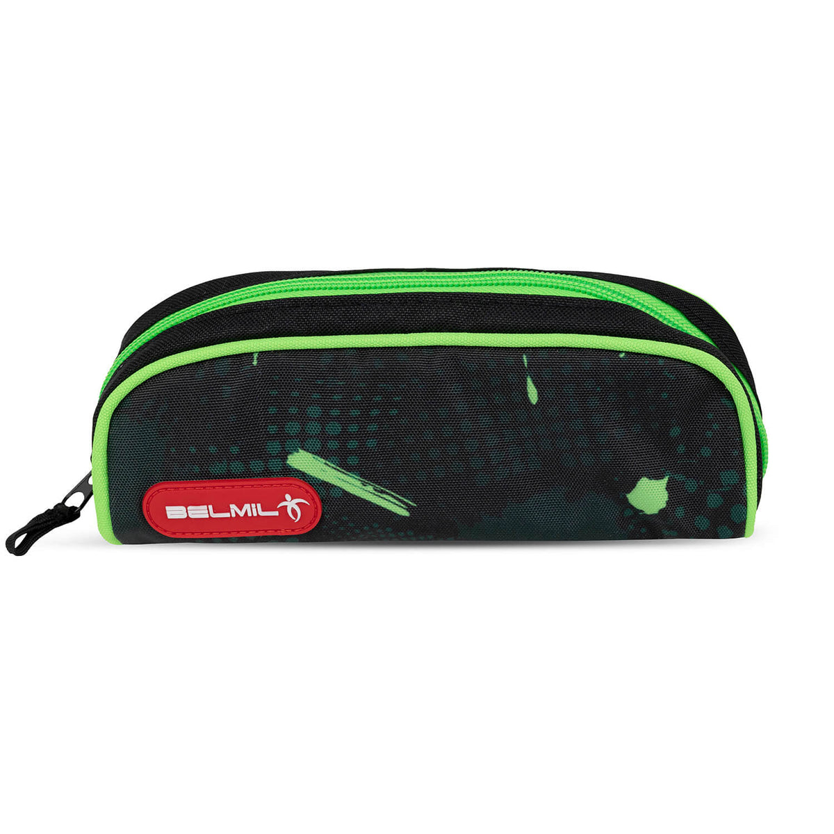 The Belmil Classy Plus Ergonomic School Bag Set for Boys “Neon Sport” Design + Dinosaur Raincoat – 6-Piece Back-Friendly Starter Set displays all components with vibrant colors.