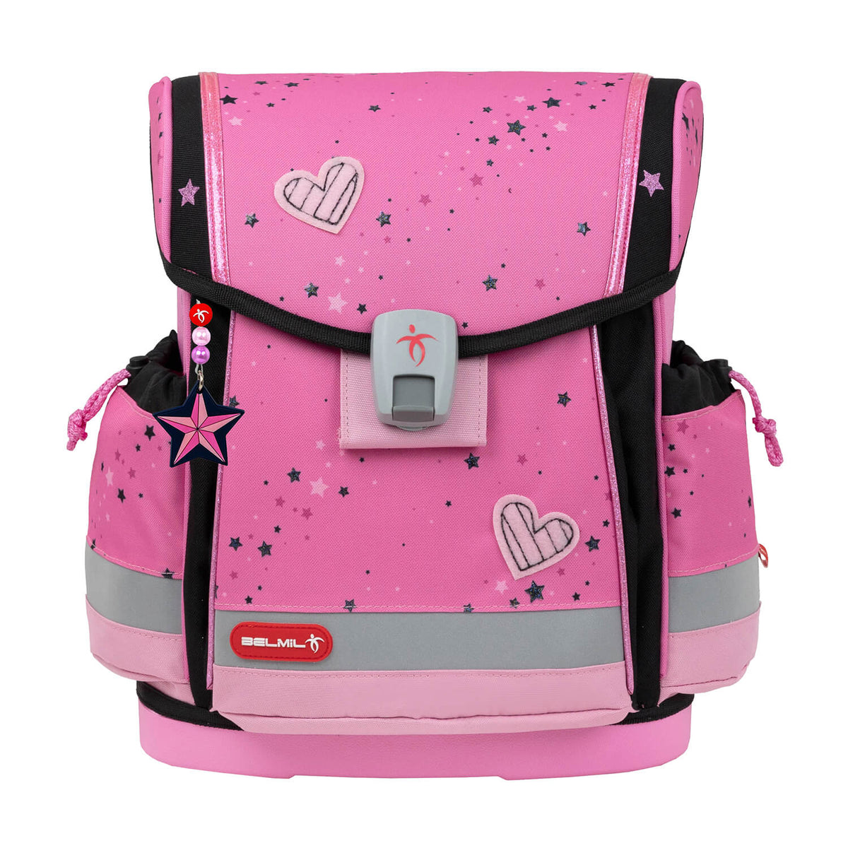 Close-up of the adjustable shoulder straps on the Belmil Classy Plus Ergonomic School Bag Set for Girls “Pink Black” Design + Unicorn Raincoat – 6-Piece Back-Friendly Starter Set.