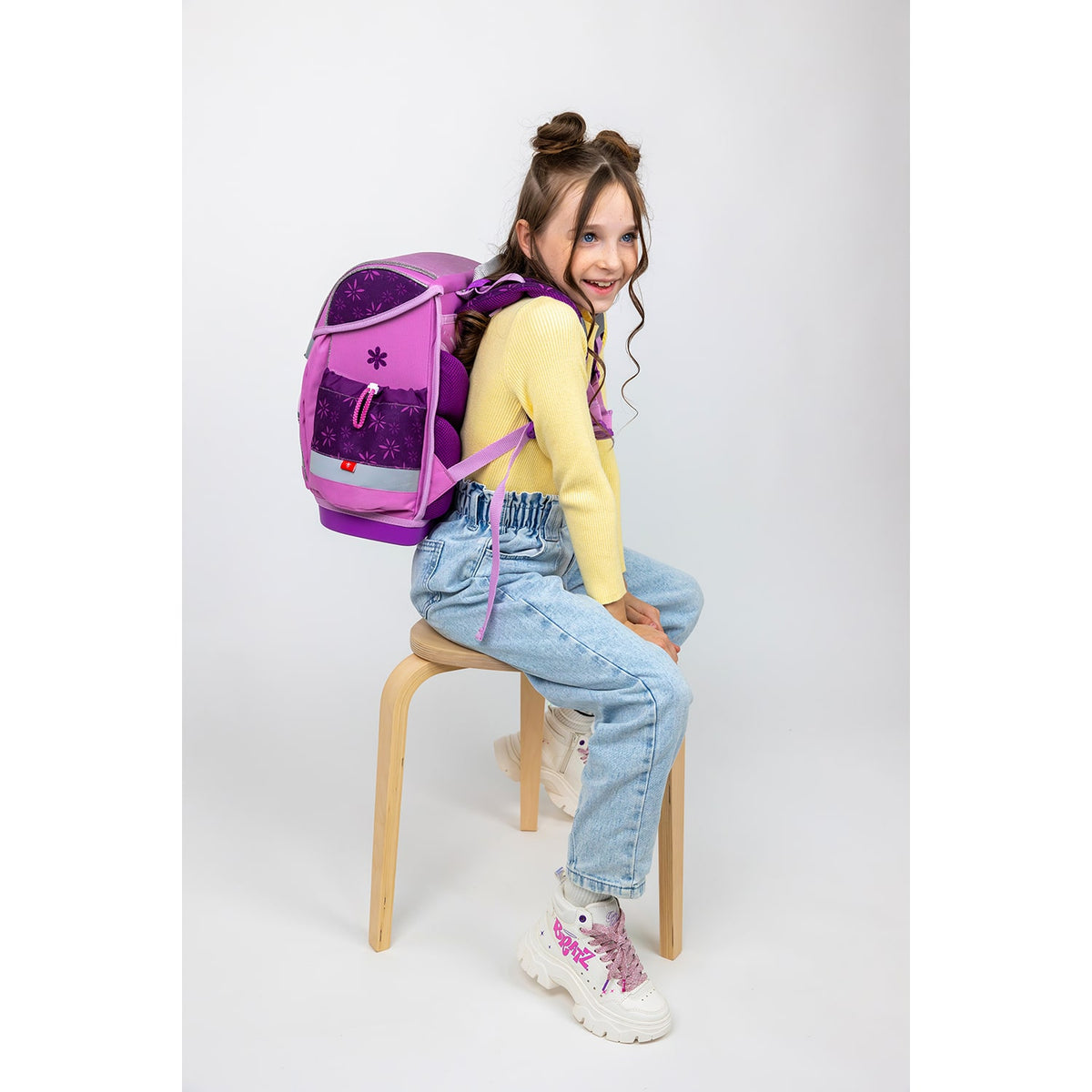 5-piece school bag set including gym bag and pencil case from the Ergonomic School Bag Set for Girls – Belmil Classy Plus Purple Spring School Bag Set 5 pcs.