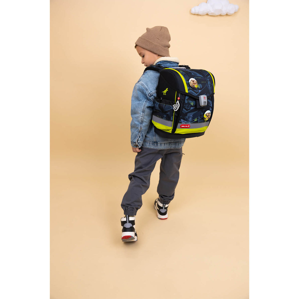 Adjustable shoulder straps of the Belmil Classy Plus Ergonomic School Bag Set for Boys “T-Rex Lime” Design + Dinosaur Raincoat – 6-Piece Back-Friendly Starter Set ensuring a comfortable fit.