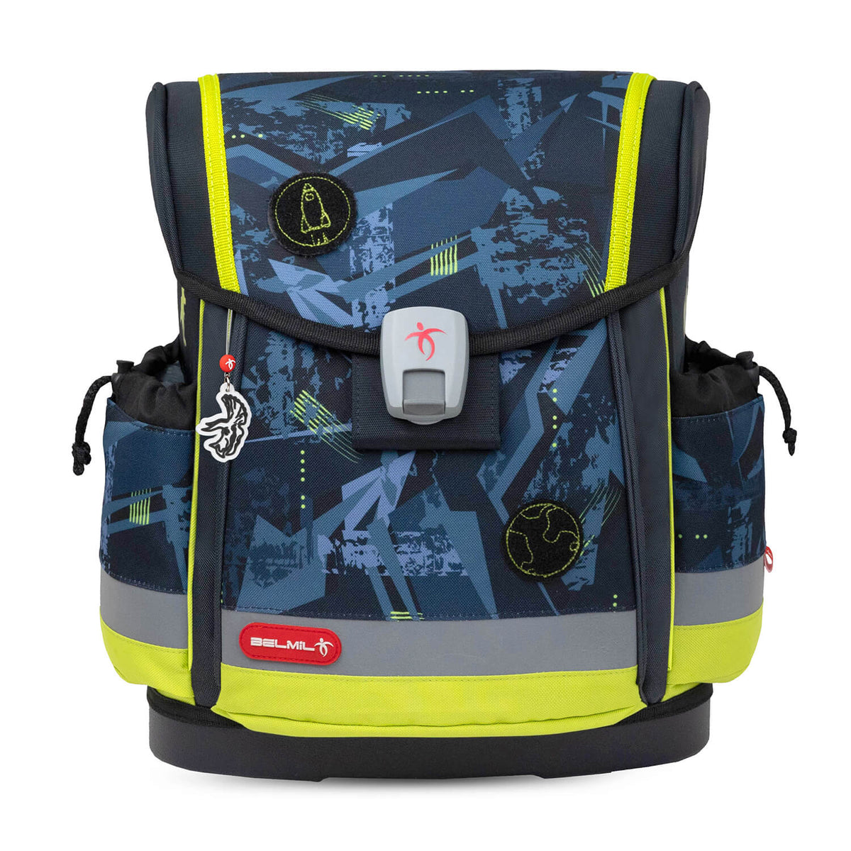 Fidlock magnetic buckle on the Belmil Classy Plus Ergonomic School Bag Set for Boys “T-Rex Lime” Design + Dinosaur Raincoat – 6-Piece Back-Friendly Starter Set for easy and secure usage.