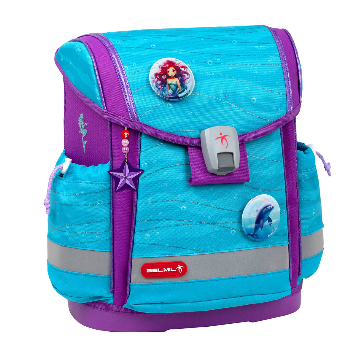 Reflective elements on the Belmil Classy Plus Ergonomic School Bag Set for Girls “Under The Sea” Design + Unicorn Raincoat – 6-Piece Back-Friendly Starter Set for safety.
