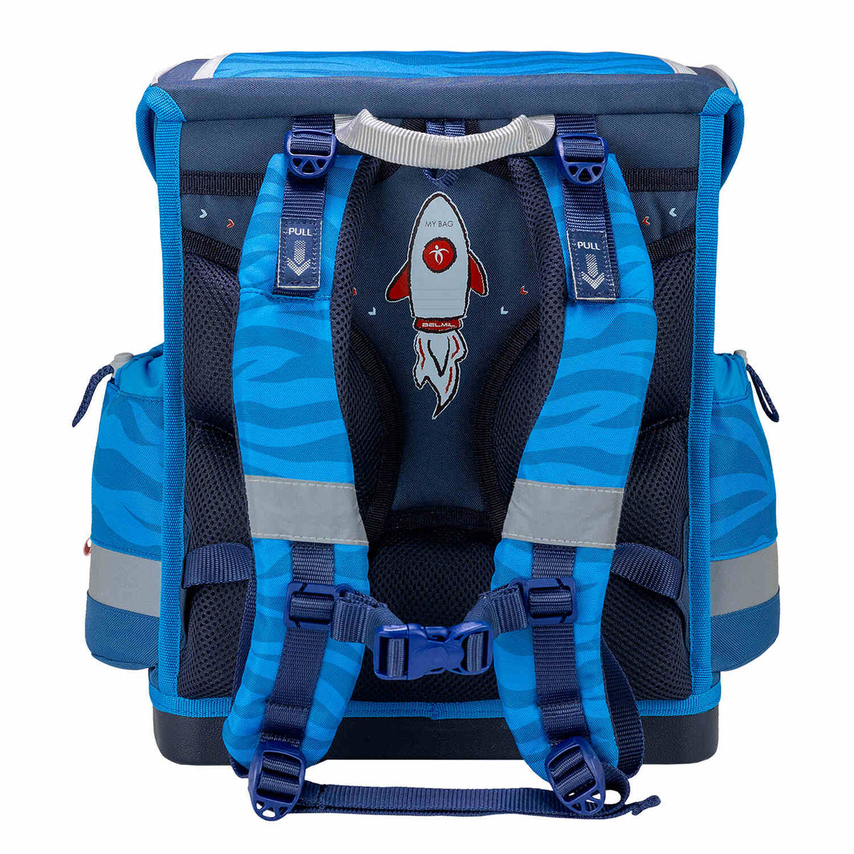 The Belmil Classy Plus Animal Kingdom School Bag Set for Boys + Stone Age Patch Set (5 pcs) highlighting its comfortable padded straps.