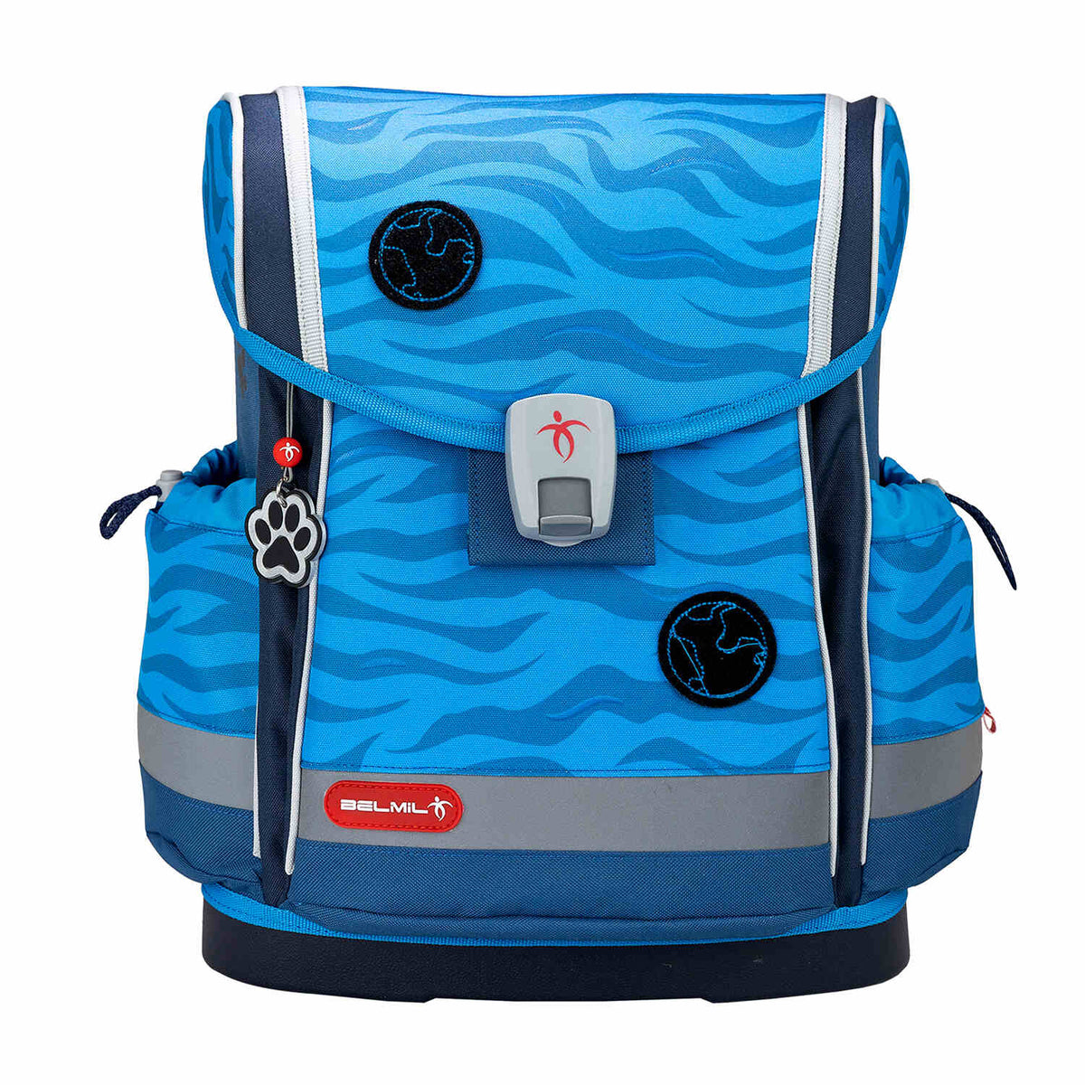 Reflective elements on the Belmil Classy Plus Animal Kingdom School Bag Set for Boys + Stone Age Patch Set (5 pcs) for increased visibility.
