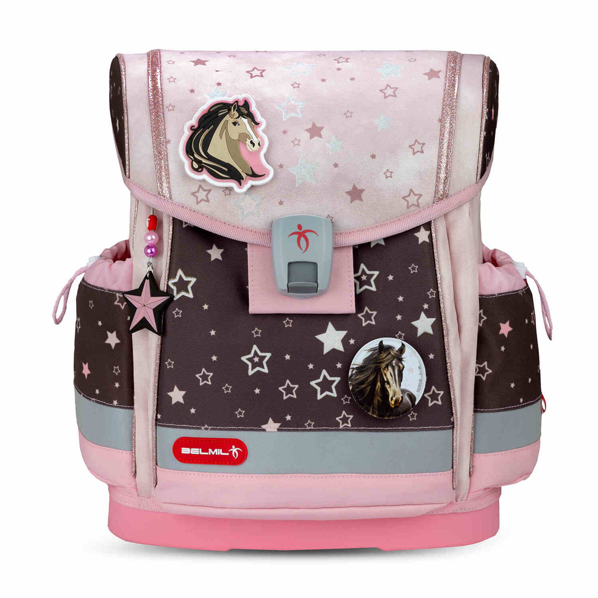 The stylish and functional Belmil Classy Plus Champion Horses schoolbag set 4 pcs with adjustable shoulder straps and chest strap.