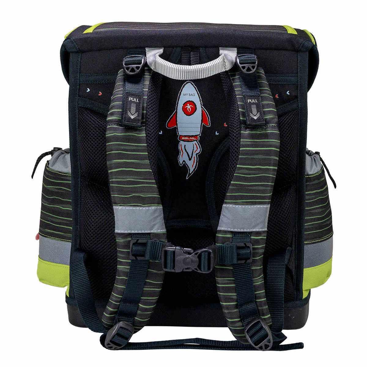 Display of the entire Belmil Classy Plus Prehistoric Times School Bag Set for Boys + Lost World Patch Set (5 pcs) including gym bag and pencil case.