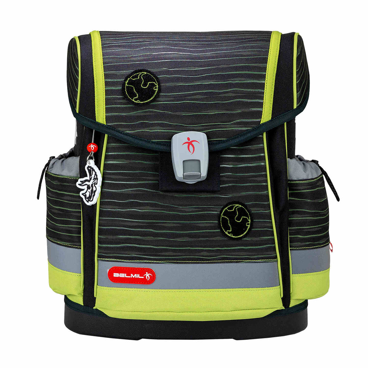 The Belmil Classy Plus Prehistoric Times School Bag Set for Boys + Lost World Patch Set (5 pcs) laid flat, highlighting the unique dinosaur patch designs.