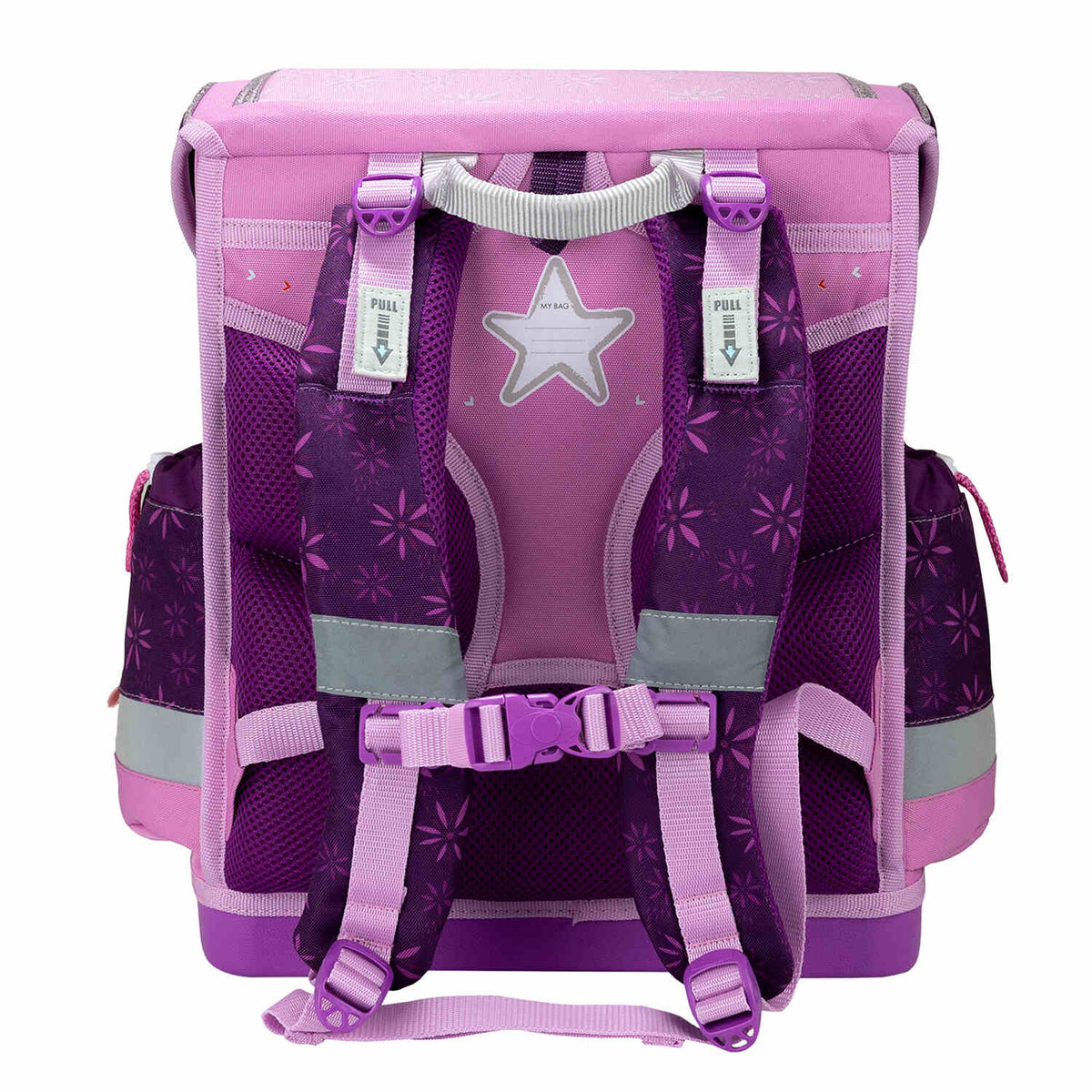 Detail of the Fidlock magnetic buckle on the Ergonomic School Bag Set for Girls – Belmil Classy Plus Purple Spring School Bag Set 5 pcs for easy access.