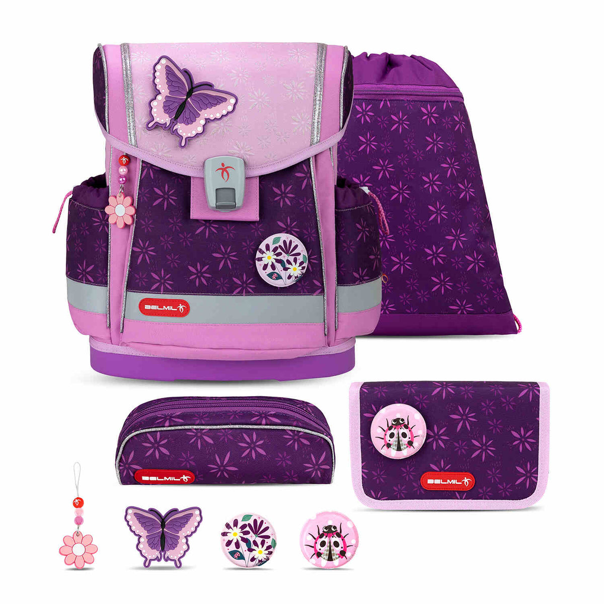 Ergonomic School Bag Set for Girls – Belmil Classy Plus Purple Spring School Bag Set 5 pcs featuring vibrant floral prints and butterfly patches.