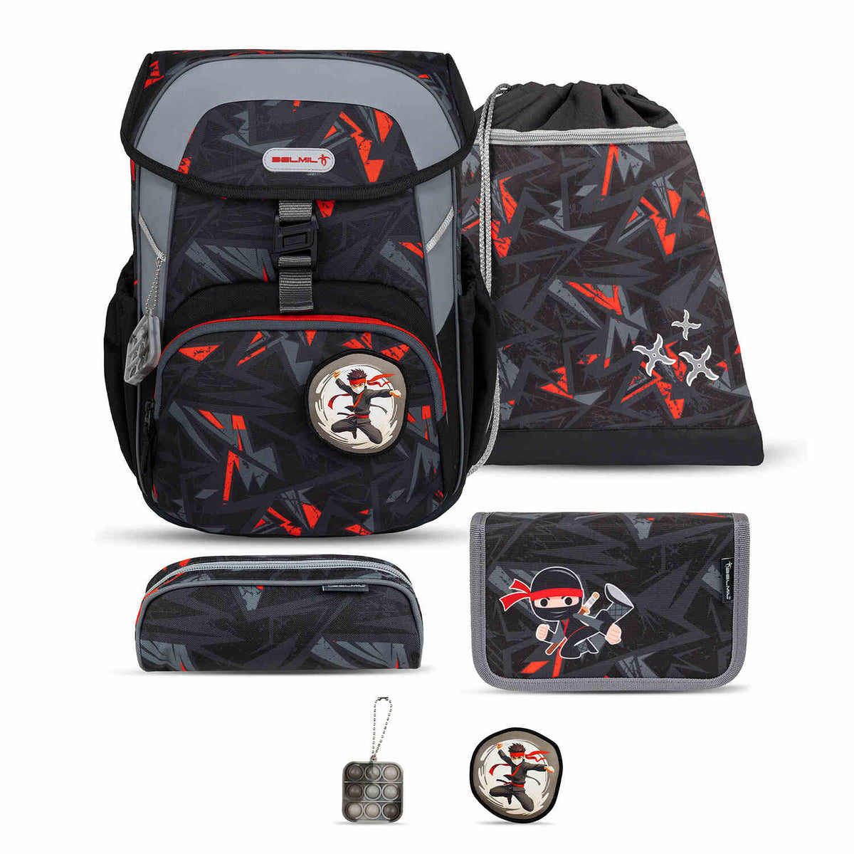 Maxi Ninja Game schoolbag set showcasing a complete 5-piece Ergonomic School Bag Set for Boys – Belmil Maxi Ninja Game schoolbag set 5 pcs with a stylish ninja design.