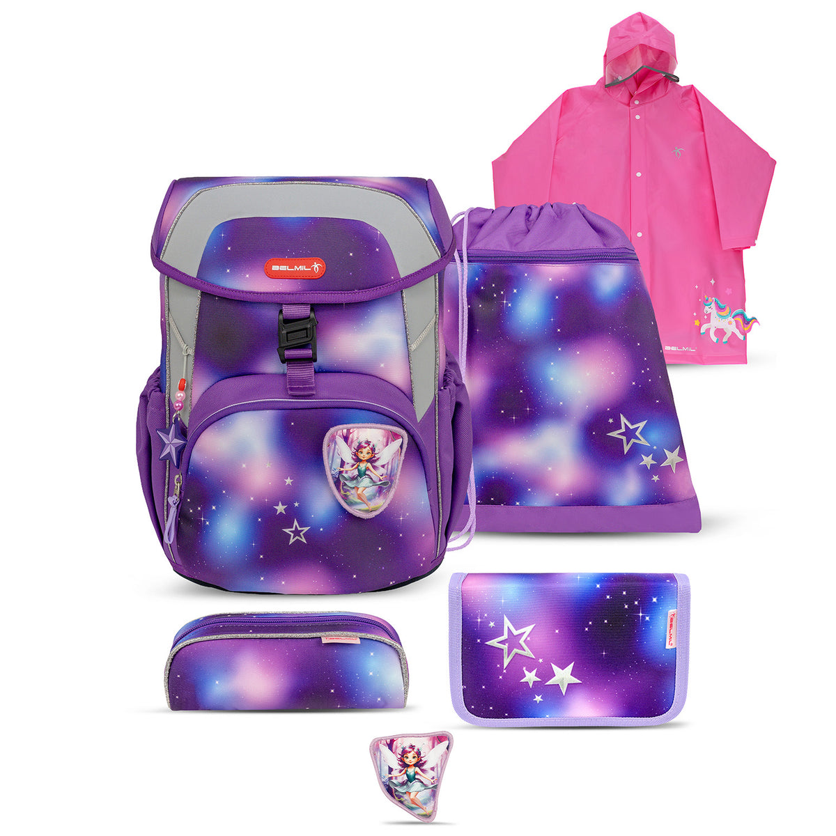 Belmil Maxi Pack Shining Fairy School Back Set for Girls – 5-Piece Set + Interchangeable Pegasus Patch Set featuring a beautifully designed backpack with whimsical fairy graphics.