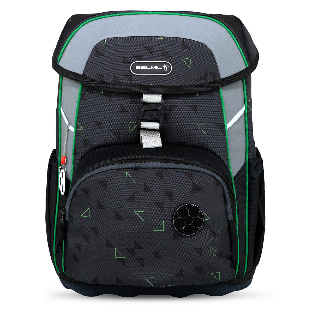 Complete Belmil Maxi "Striker X" School Bag Set for Boys + Dinosaur Raincoat – 5-Piece Set with reflective details for safety.