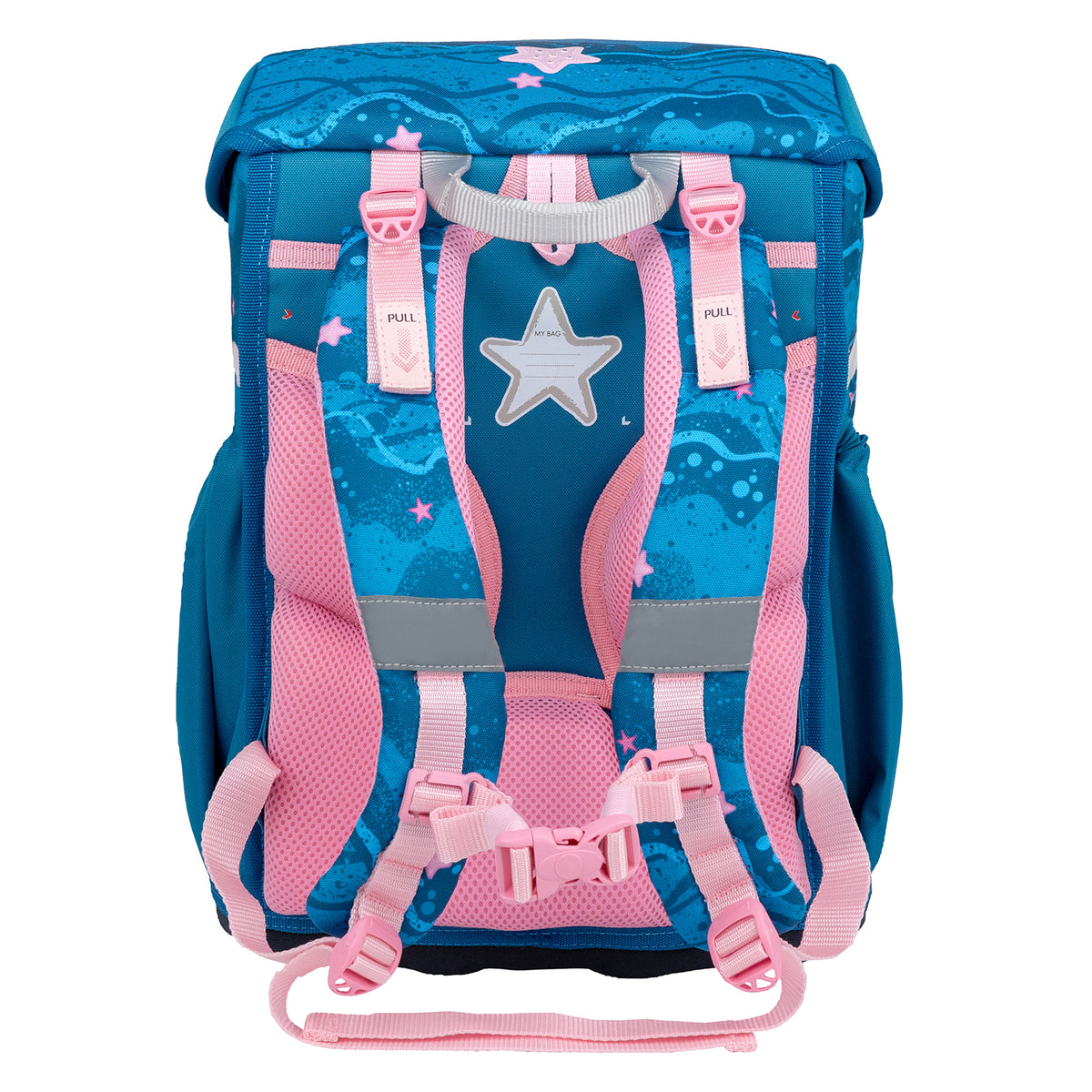 Belmil Maxi Pack Shining Fairy School Back Set for Girls – 5-Piece Set + Interchangeable Pegasus Patch Set showcased with a unicorn raincoat for magical school adventures.