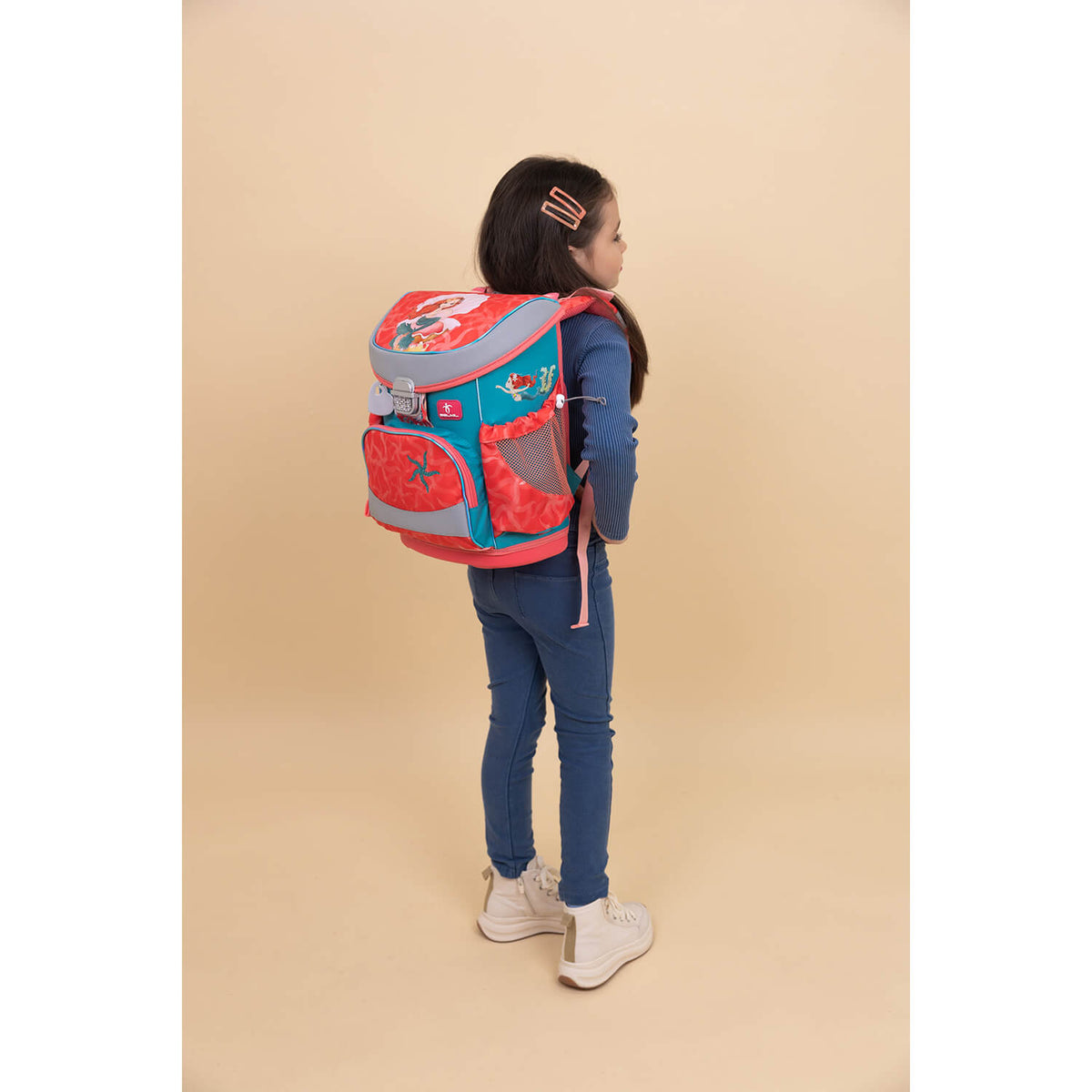 The Belmil Mini-Fit Ergonomic School Bag Set “Sea Queen” Design + Unicorn Raincoat – 5-Piece Compact and Comfortable School Starter Set displaying the lightweight ergonomic design suited for petite children.