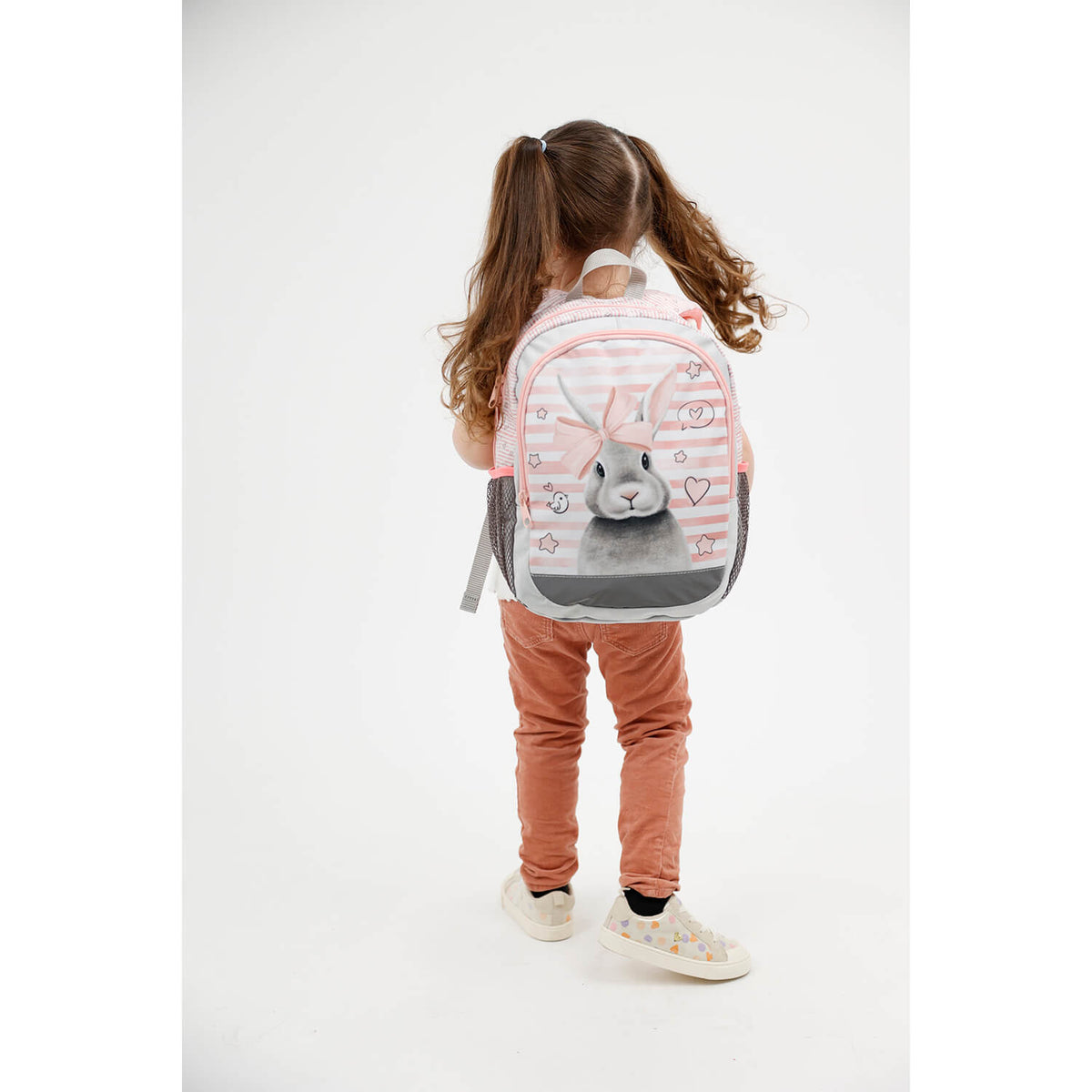 Side view of the Kiddy Plus Sweet Bunny Kindergarten Bag showcasing its easy-to-use zippers and two compartments.