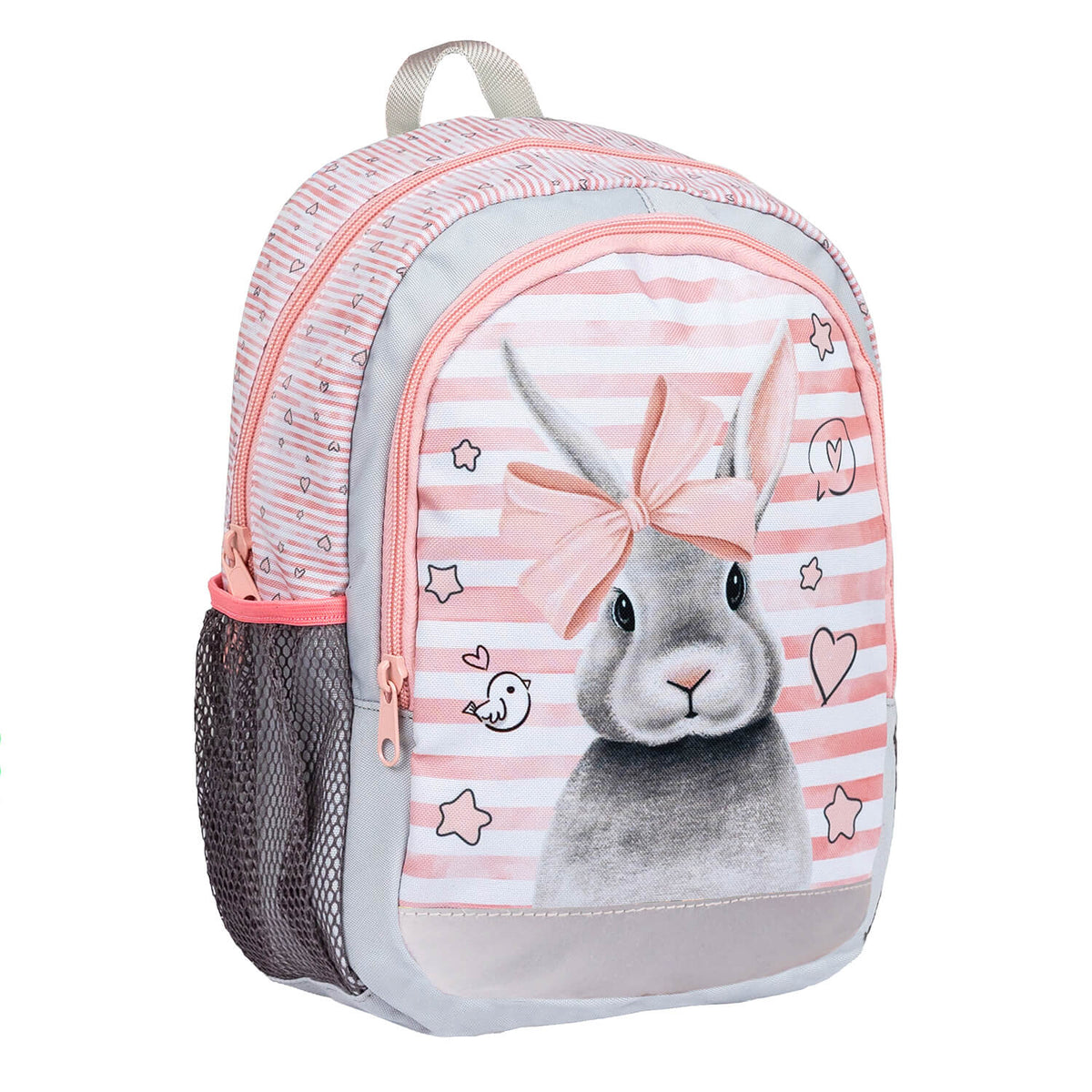 Children's Kiddy Plus Sweet Bunny Kindergarten Bag displayed with a printed name tag for personalization.