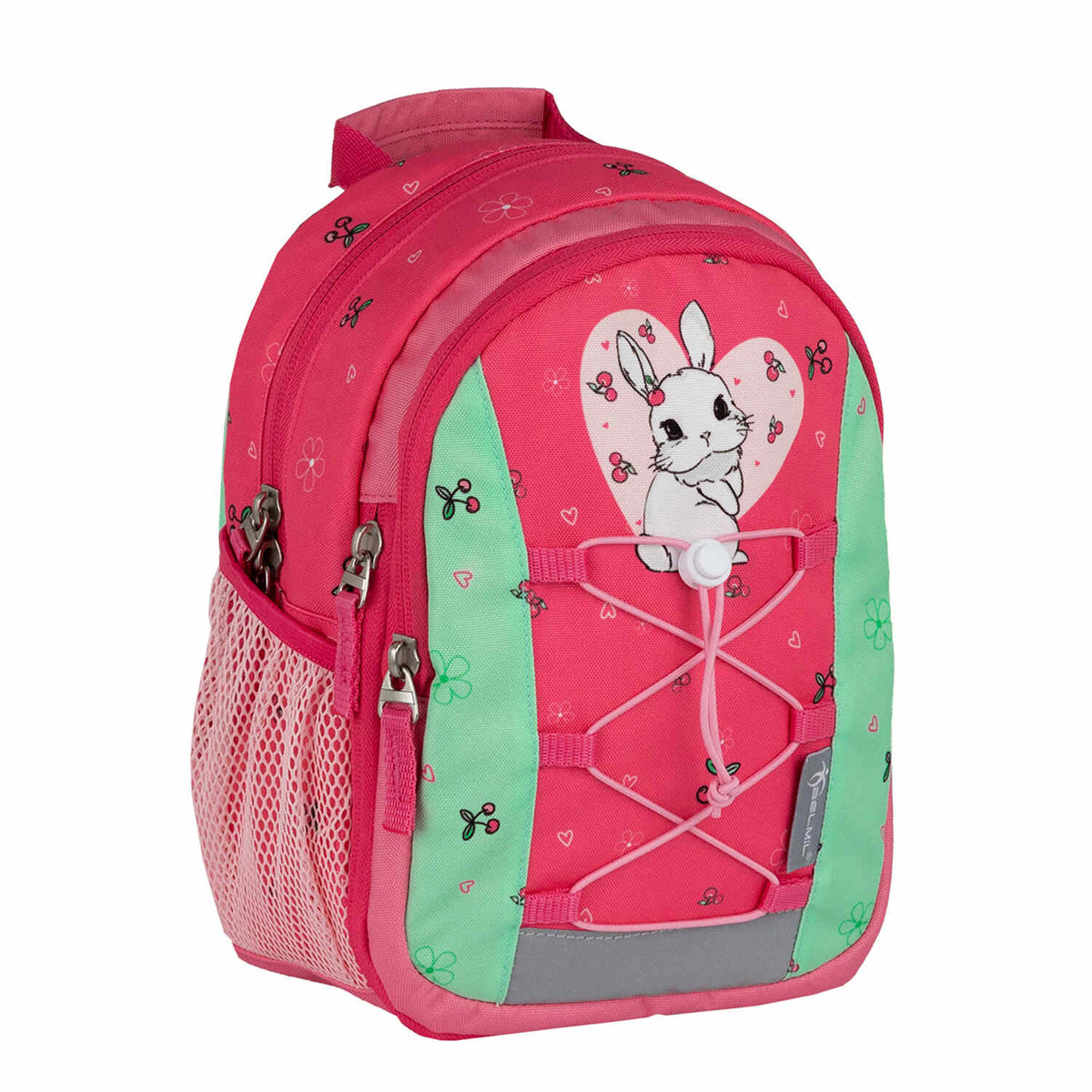 Back view of the Belmil Mini Kiddy Sweet Bunny Cherry Kindergarten Bag showing its spacious compartments and durable design.