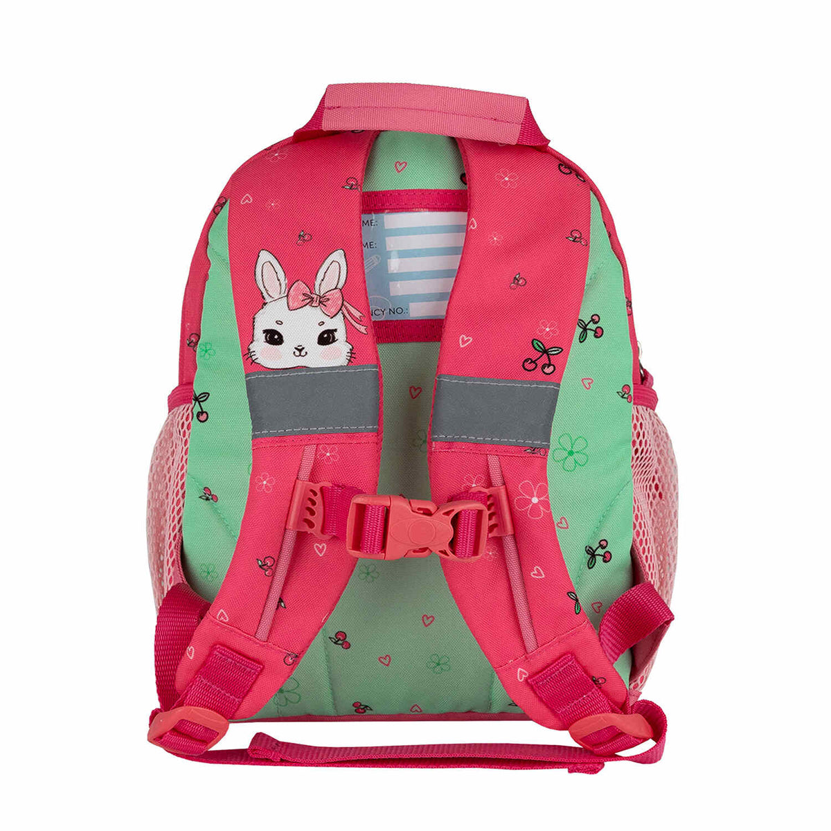 Reflective elements on the Belmil Mini Kiddy Sweet Bunny Cherry Kindergarten Bag ensure visibility for young children.