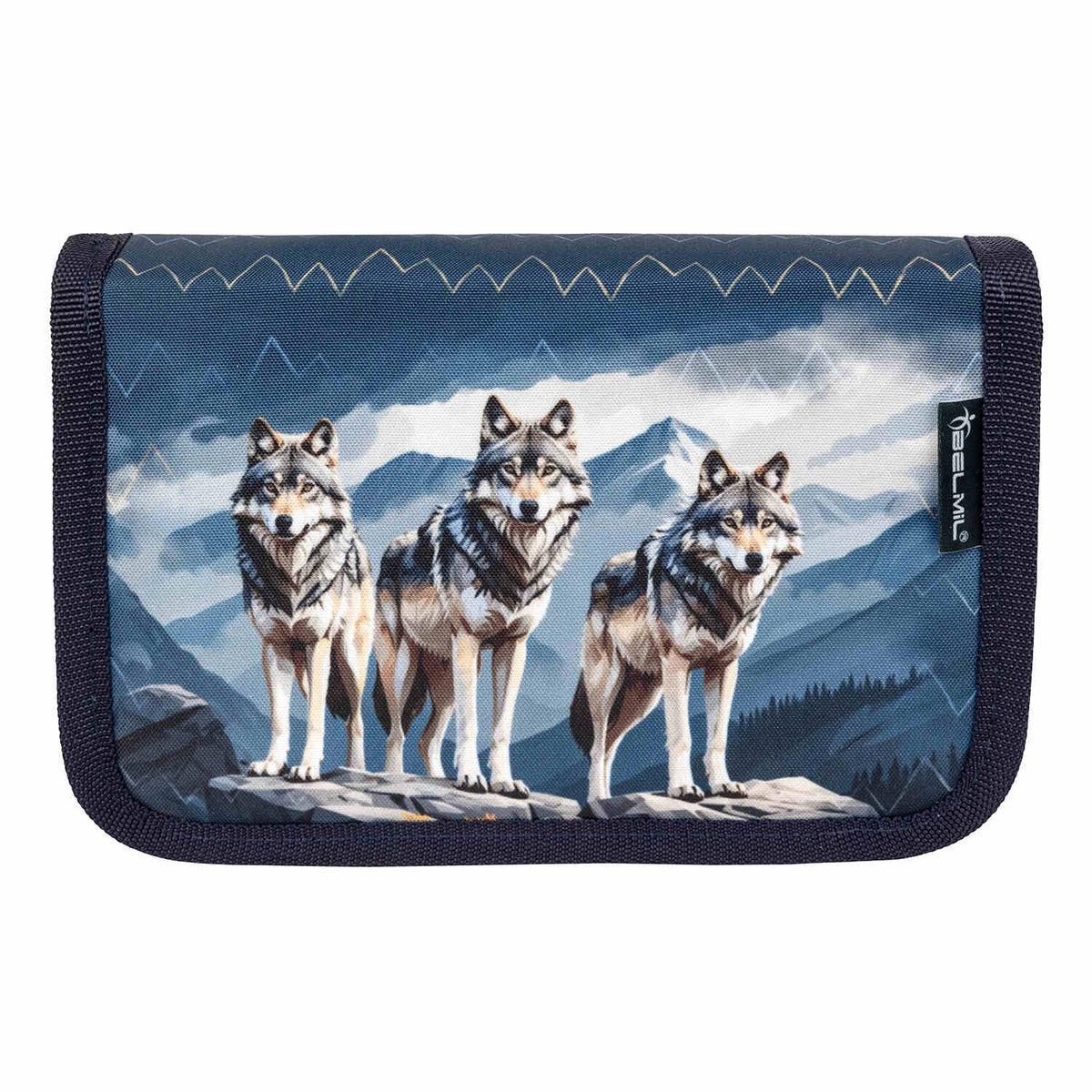 Overview of the Belmil Compact Wolves School Bag Set – 5-Piece Ergonomic Backpack with AGR Certificate, Fidlock Buckle & 4 Decorative Patches, including gym bag and pencil case.