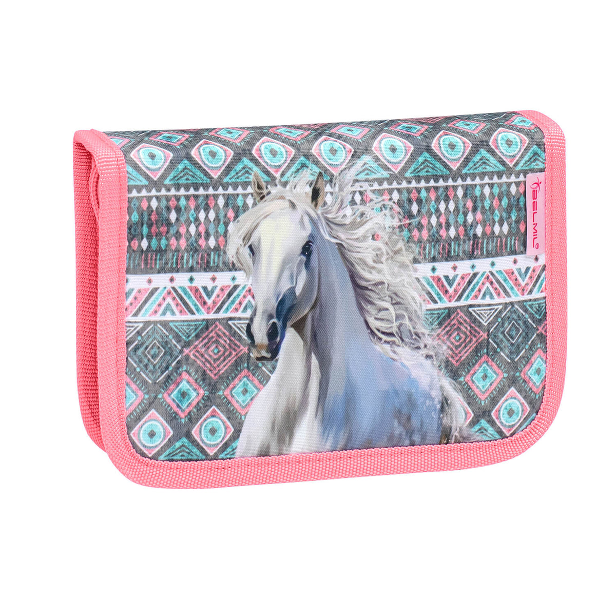 Belmil Mini-Fit Ergonomic School Bag Set “Horse Aruba Blue” Design + Unicorn Raincoat – 5-Piece Comfortable School Starter Set showcasing the ergonomic design for slim children.