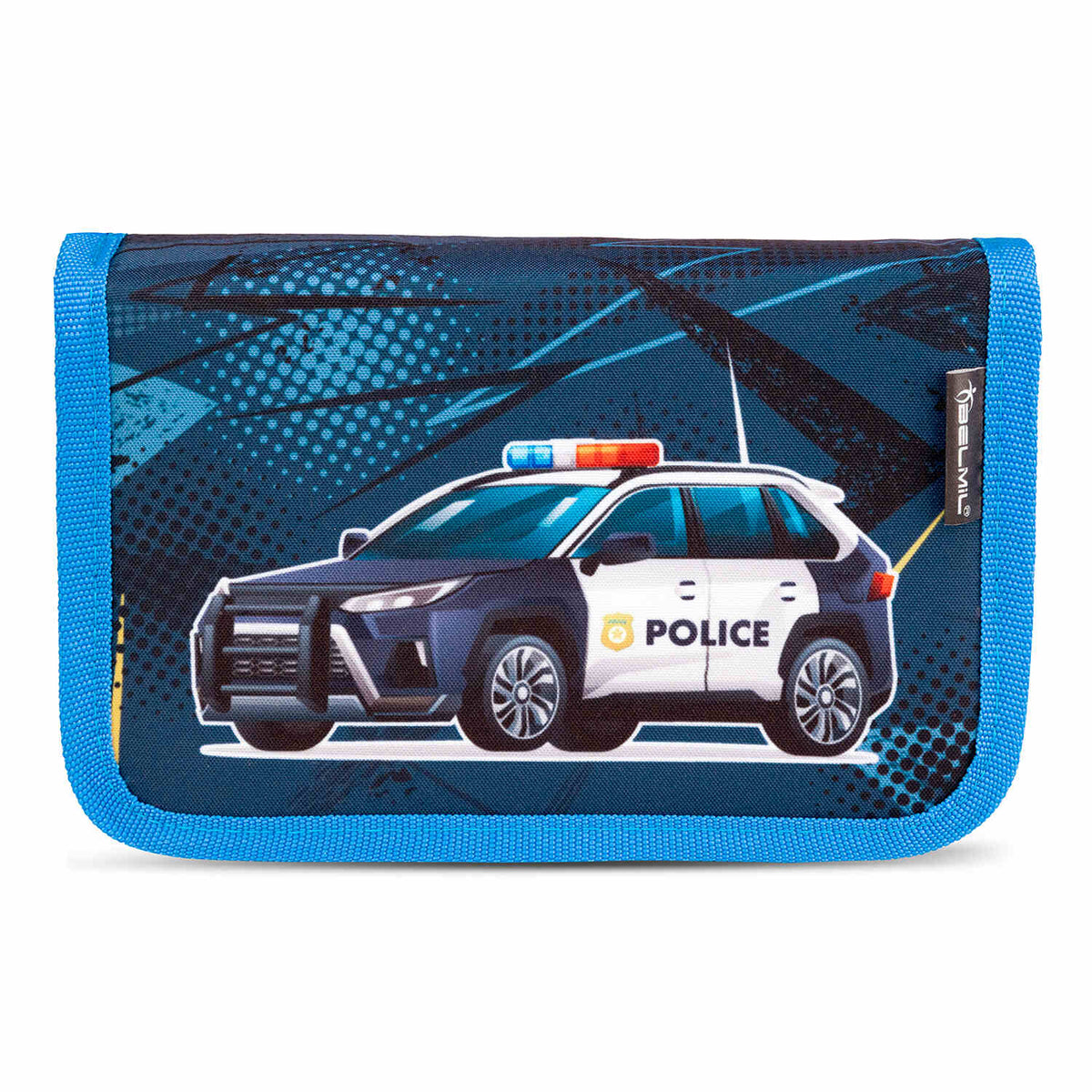 Dynamic design of The Ergonomic School Bag Set for Boys – Belmil Classy Police (5 pcs) featuring a police car graphic.