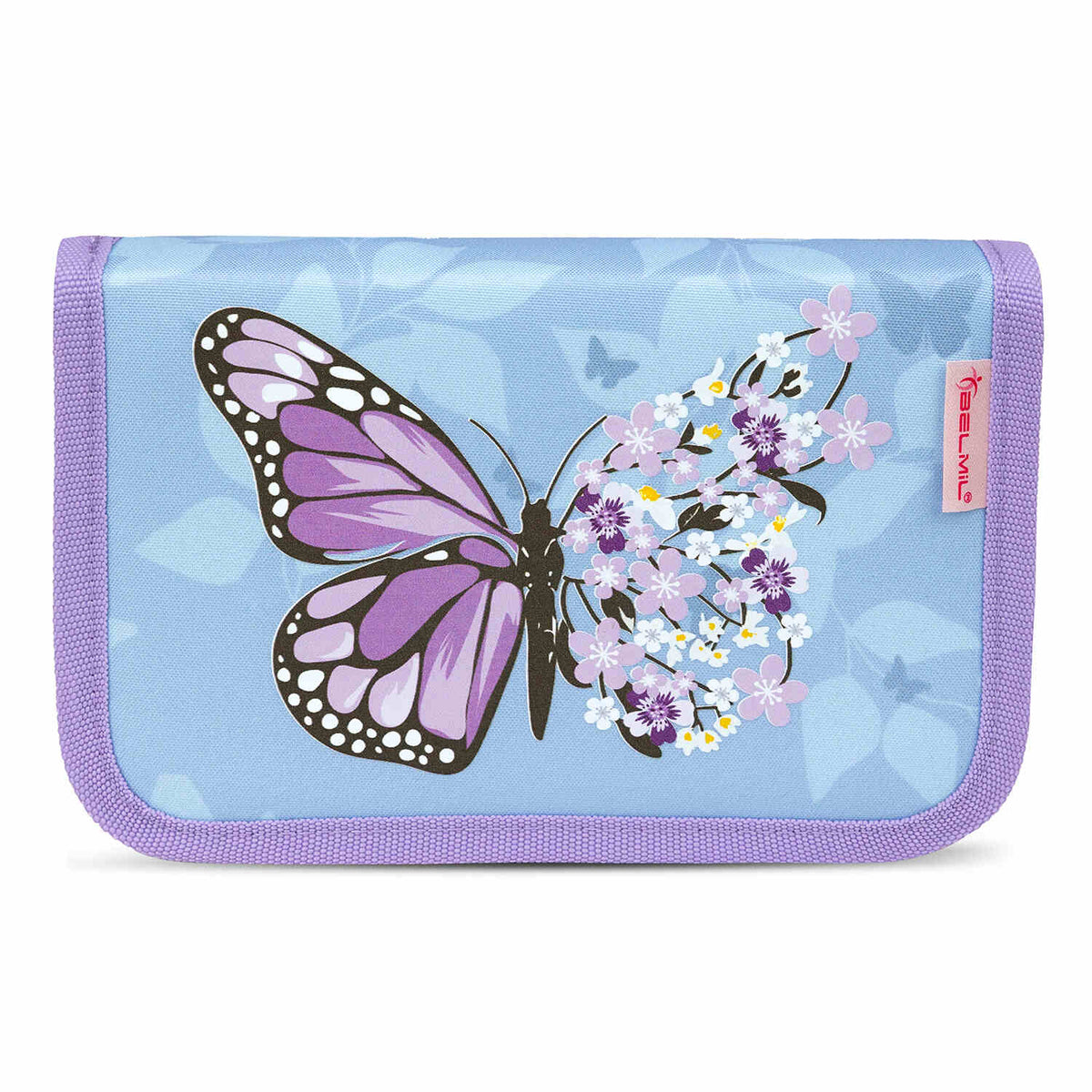 Complete view of the Ergonomic School Bag Set for Girls – Belmil Mini-Fit Purple Blue Butterfly (4 pcs) on display, ideal for school.