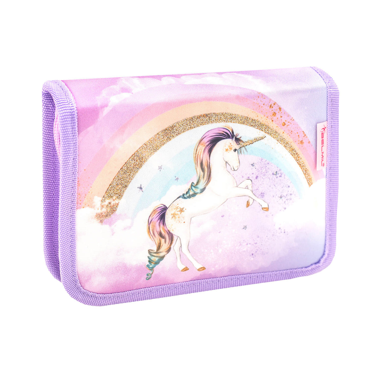 Preview of the Mini-Fit Rainbow Unicorn Schoolbag Set 4 pcs with a focus on its ergonomic design and vibrant colors by Belmil.