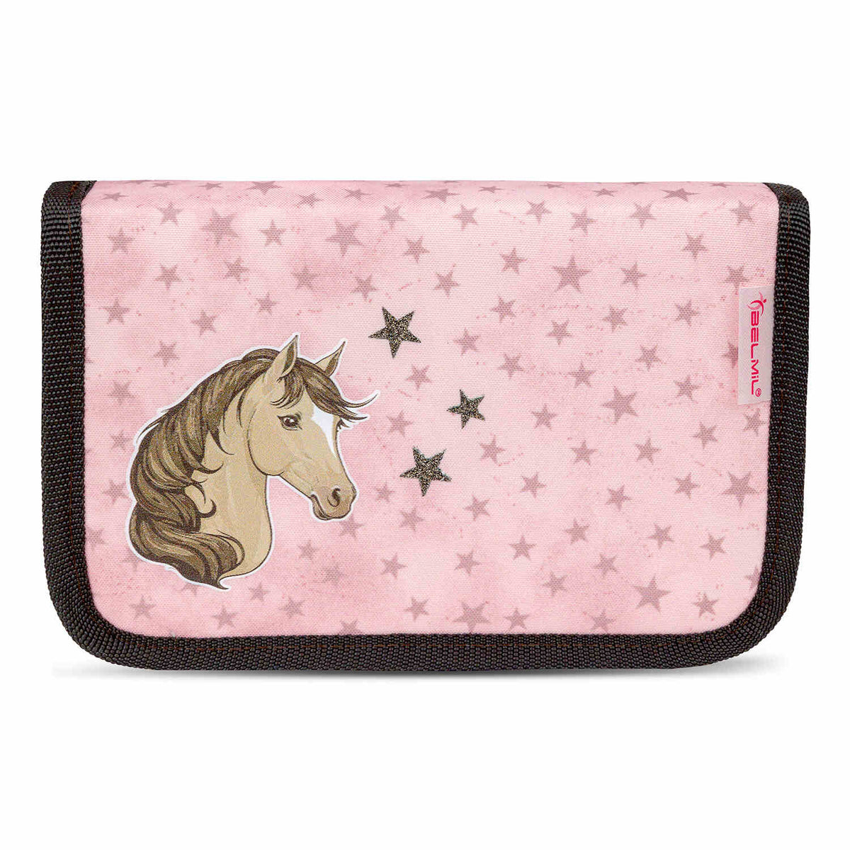 Image showing the accessories included in the Ergonomic School Bag Set for Girls – Belmil Classy Star Horses (4 pcs) like the round and box pencil cases.