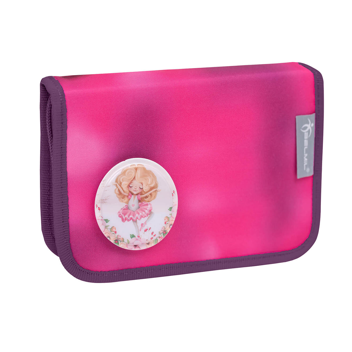 An open Belmil Motion Shiny Pink Ergonomic School Bag Set – Made from Recycled Materials, 5 pcs, with 9 Interchangeable Patches displaying the insulated front pocket for snacks.