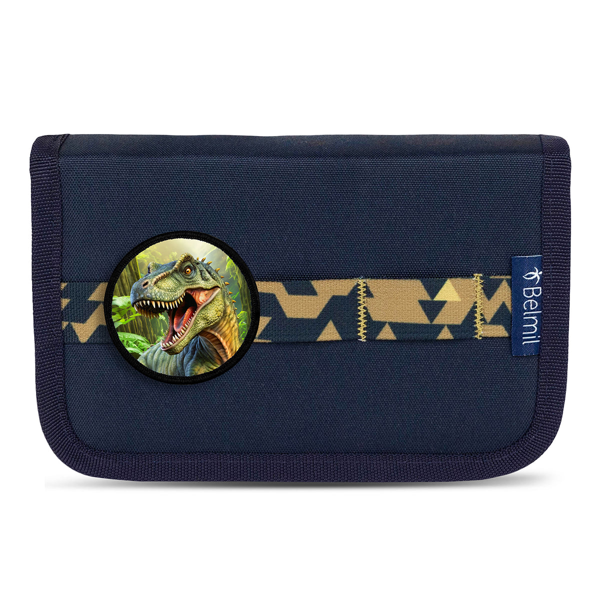 Complete view of the Premium Belmil School Bag Set for Boys – Maxi Plus "Explorer" schoolbag set + Dinosaur Raincoat - 7-piece Set including school bag, gym bag, and decorative patches.