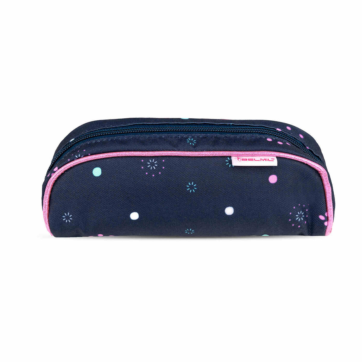 Belmil Smarty Flowers Blue Ergonomic School Bag Set for Girls – 5-Piece Set with 9 Patches and Hip Belt resting on a school desk.