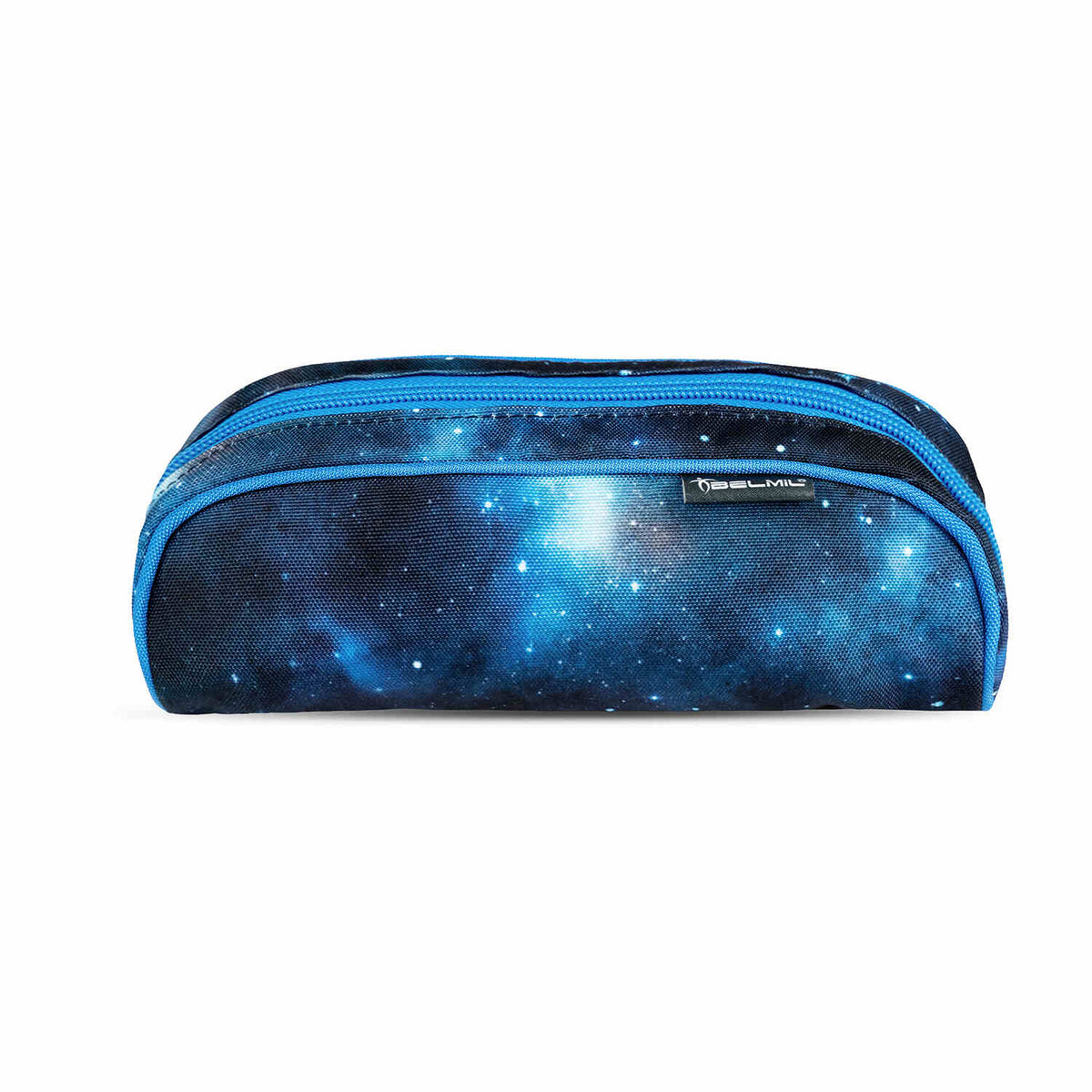 Pencil case from the Belmil Smarty Galaxy set, showing vibrant galaxy graphics and ample space for school supplies.
