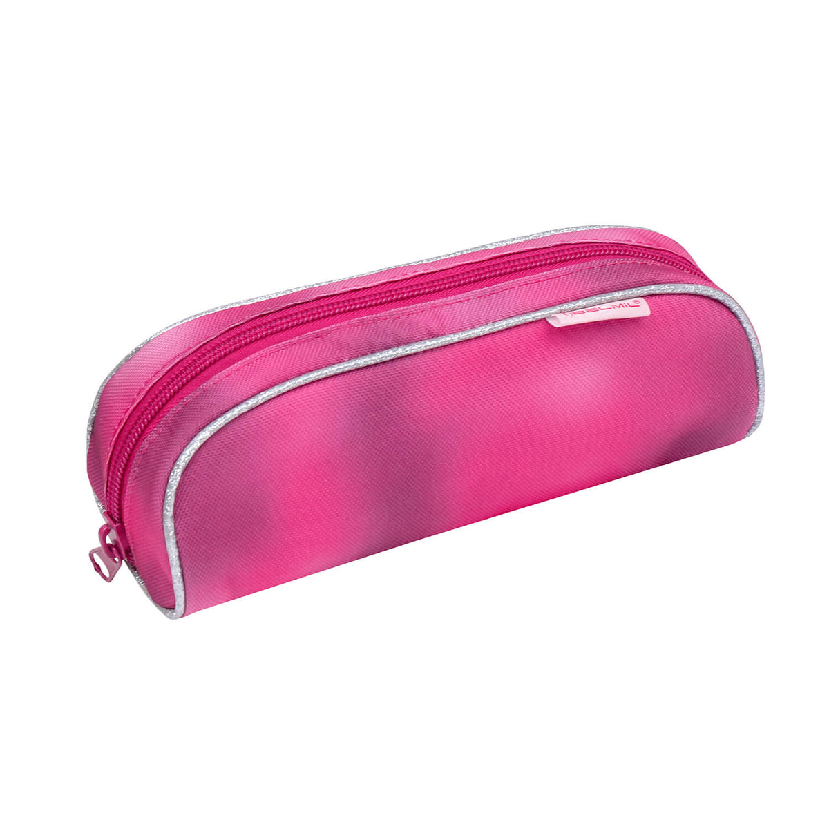 Belmil Motion Shiny Pink Ergonomic School Bag Set – Made from Recycled Materials, 5 pcs, with 9 Interchangeable Patches photographed alongside school supplies.