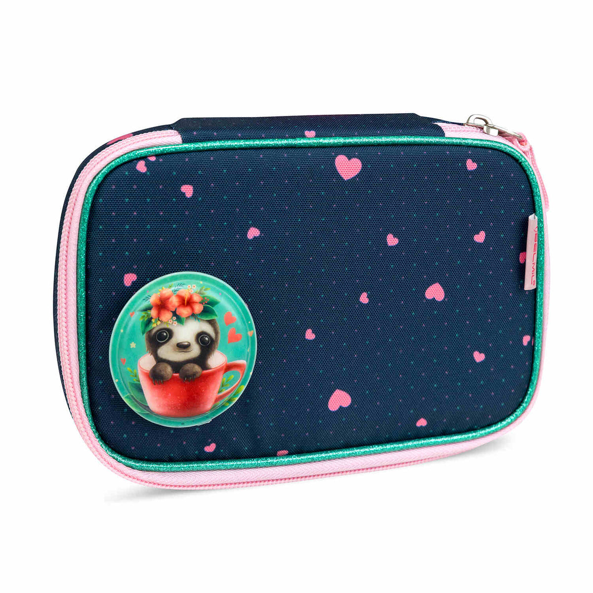The Belmil Smarty In Love With Hearts Ergonomic School Bag Set – 5-Piece Set with 9 Interchangeable Patches and Hip Belt on display with its side pockets.