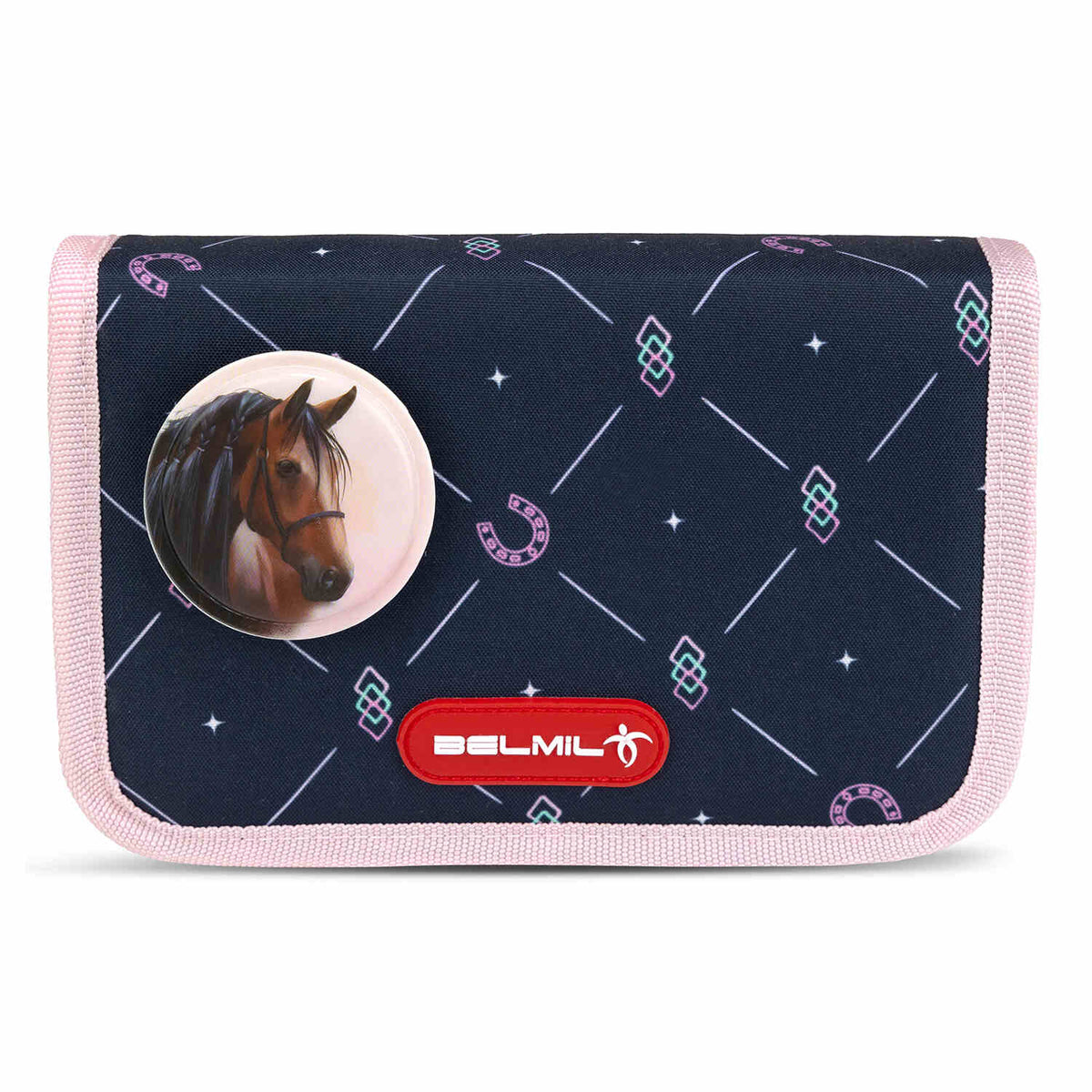 Showcasing the Belmil Motion Midnight Gallop Ergonomic School Bag Set – Made from Recycled Materials, 5 pcs, with 9 Interchangeable Patches against a festive background.