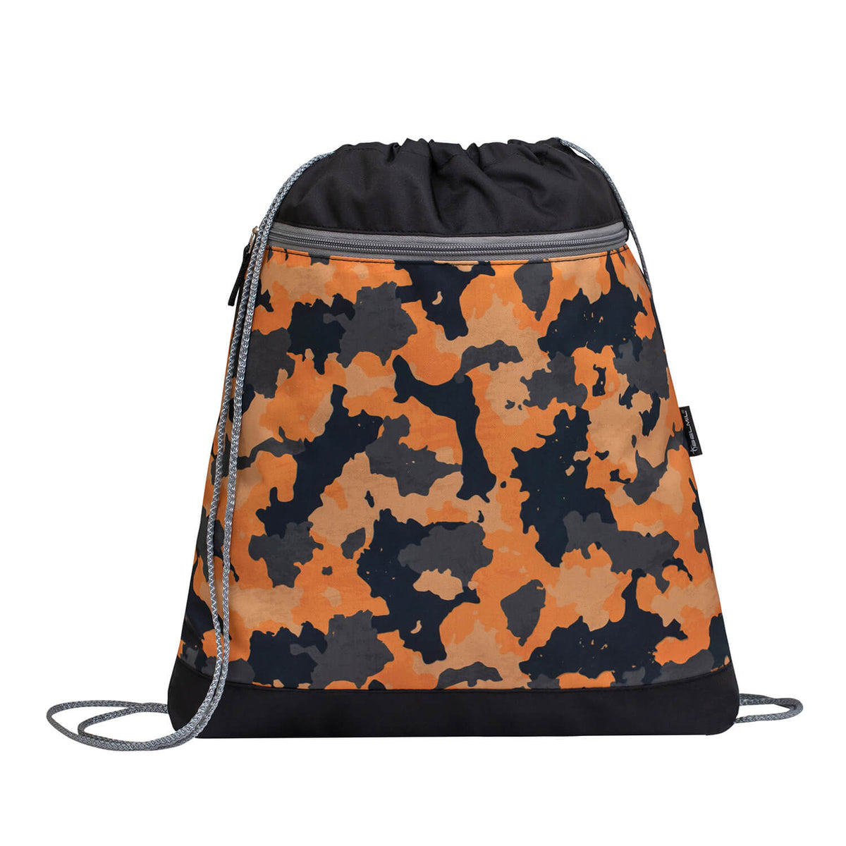 Front view of Belmil Ergonomic School Bag highlighting the stylish orange camouflage design.