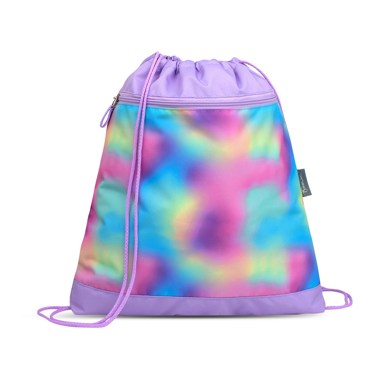 The magical design of the Belmil Compact Ergonomic School Bag Set “Rainbow Color” Design + Unicorn Raincoat – 5-Piece Set for Girls featuring unicorns and rainbows, ideal for imaginative young girls.