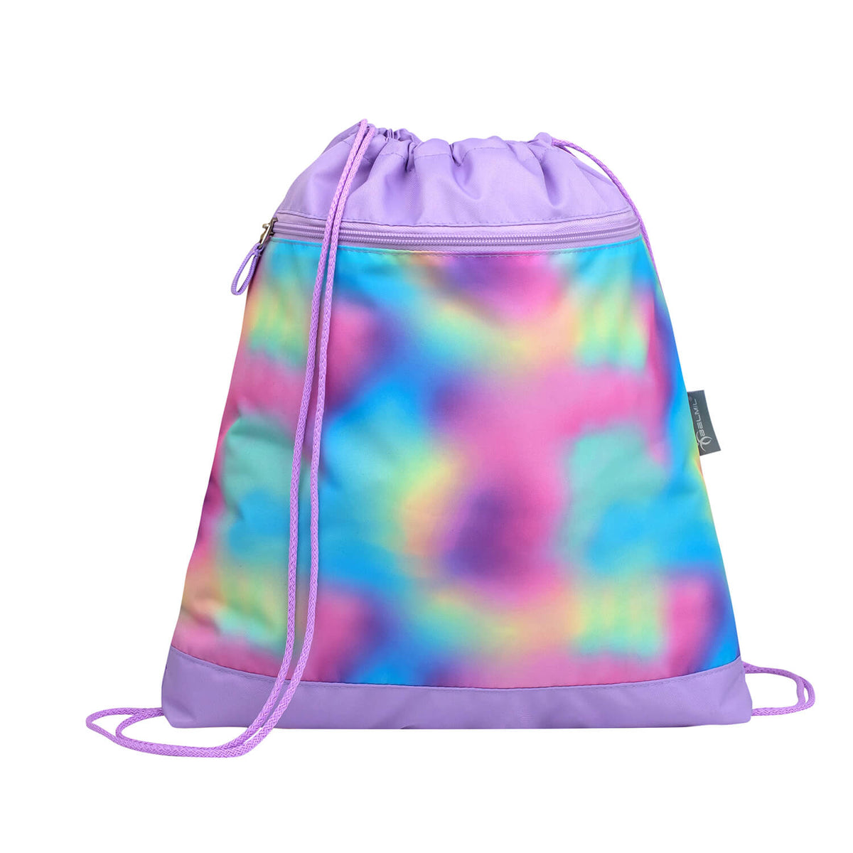 Lifestyle image featuring the Belmil Motion Rainbow Color Ergonomic School Bag Set – Made from Recycled Materials, 5 pcs, with 9 Interchangeable Patches in an outdoor setting.