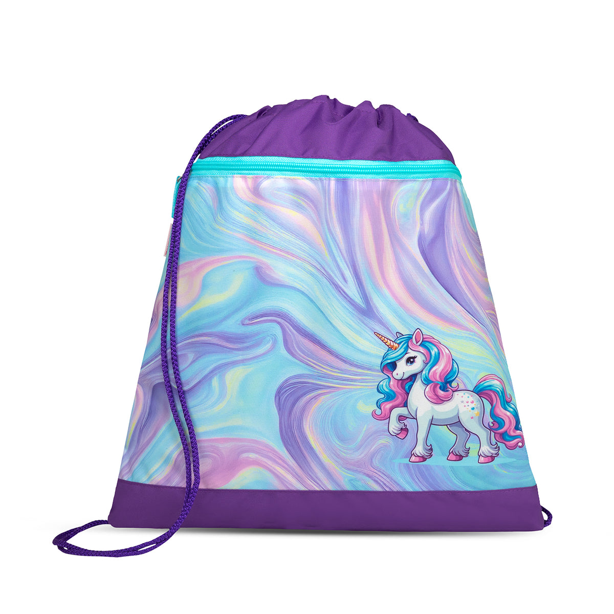 A vibrant side view of the Belmil Classy Ergonomic School Bag Set for Girls “Unicorn Dream,” highlighting the trendy design and practicality for school.