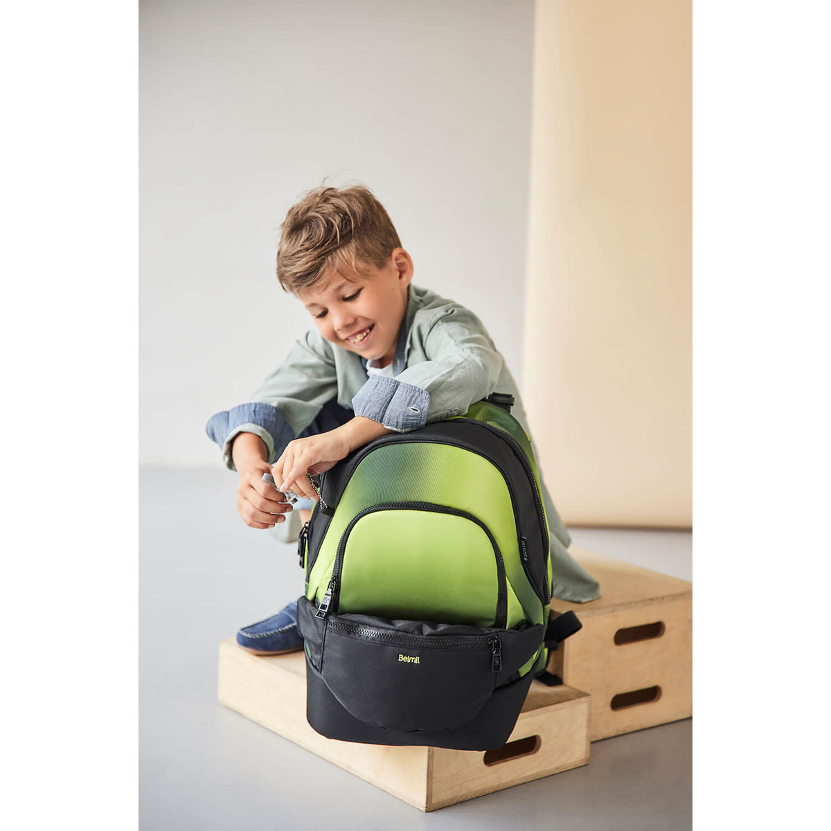 Premium Backpack & Fanny Pack Black Green Schoolbag 2pcs.